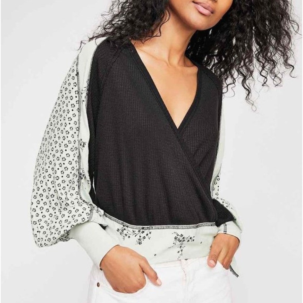 Free People Thermal Wrap Top Black Green Floral Waffle Knit LARGE